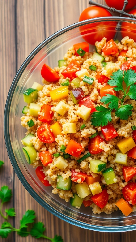A colorful quinoa salad with bell peppers, cucumbers, and cherry tomatoes in a glass bowl on a wooden table.